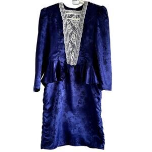 Vintage Gunne Sax Floral Peplum Sheath Dress Lace Trim Above Knee Royal Blue S